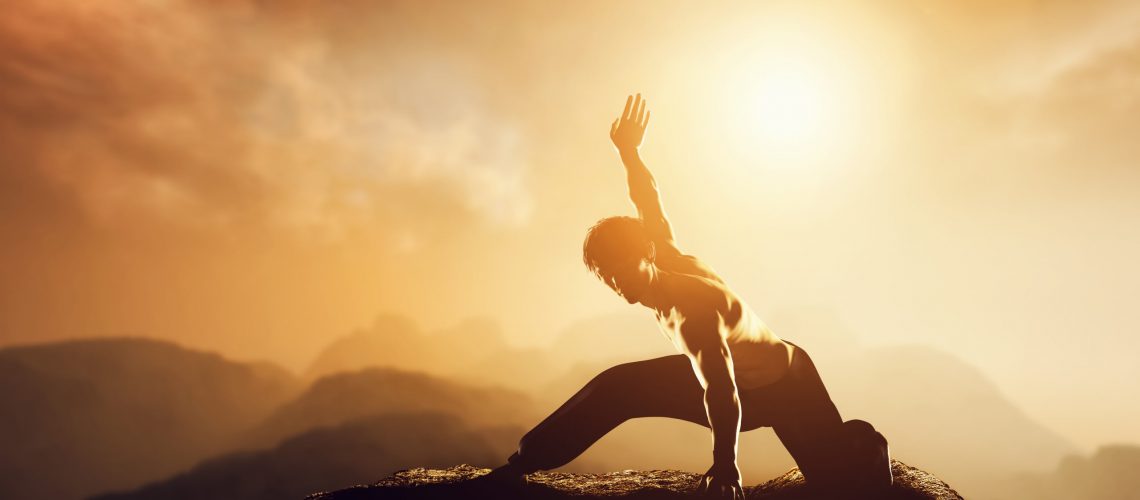 Asian man, fighter practices martial arts in high mountains at sunset. Asian man, fighter practices martial arts in high mountains at sunset. Kung fu and karate pose. Also concepts of discipline, concentration, meditaion etc. Unique